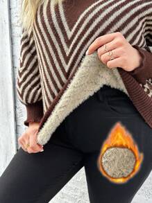 SHEIN Clasi Plus Size Chevron Print Sweater Pullover Thermal - Brown - View 1