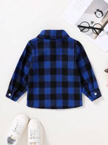 Baby Boy Cute Plaid Printed Shirt With Pocket Patch, Soft And Comfortable Gentleman Style, For Christmas - Blue - View 3