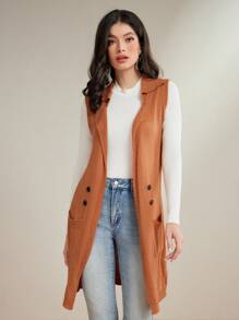 VaVaBold Women's Solid Color Sleeveless Cardigan Vest With Double Pockets - Brown - View 5