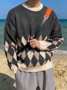 DAZY Men'S Geometric Pattern Drop Shoulder Sweater - Dark Grey - View 3