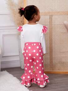 嬰兒女孩卡通與波點印花連身衣和褲裝套裝 - 粉色 - 查看 2