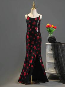SHEIN Girls' Sequin Heart Decor Spaghetti Strap Formal Gown Dress With Slit - Black - View 1