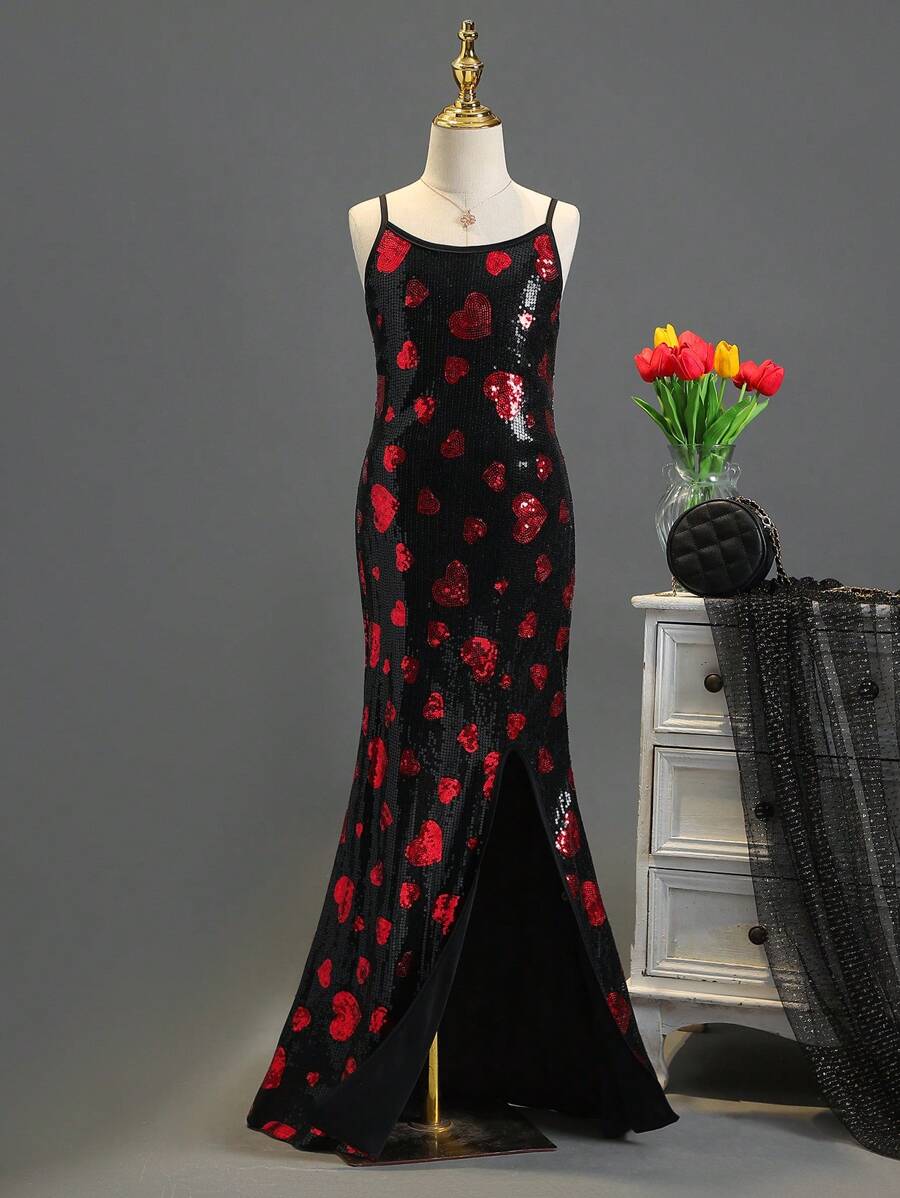 SHEIN Girls' Sequin Heart Decor Spaghetti Strap Formal Gown Dress With Slit - Black - View 1