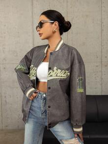 SHEIN EZwear 字母刺繡釦扣棒球夾克 - 灰色 - 查看 6