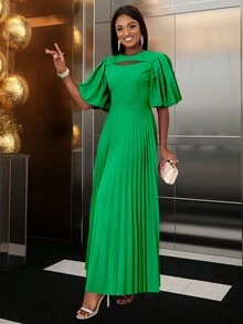 設計對比燈籠袖修身喇叭褶皺連身裙 - 綠色 - 查看 4