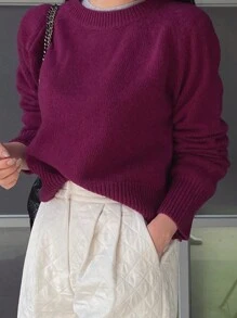 DAZY Solid Color Round Neck Long Sleeve Sweater - Purple - View 2