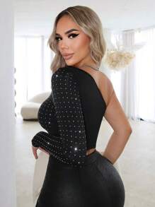 SHEIN SXY Spring Women Clothes Glow In The Dark  One Shoulder Rhinestone Tight Long Sleeve Women's Top