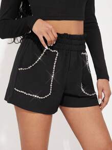 Hauture Elastic Waist Rhinestone Trim Front Pocket Shorts - Black - View 4