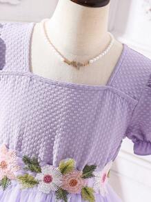 SHEIN Tween Girl Embroidered Flower Applique Puff Sleeve Mesh Overlay Dress