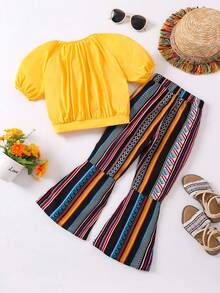 SHEIN 幼兒女孩波西米亞風格燈籠袖上衣和條紋喇叭褲兩件套 - 彩色 - 查看 2