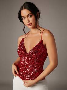 SHEIN BAE 女款閃亮懸掛式亮片吊帶背心上衣 - 紅色 - 查看 4