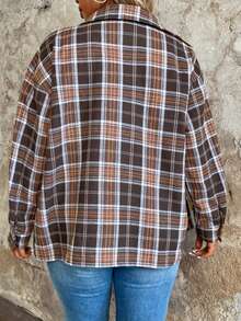 SHEIN LUNE Plus Size Women'S Plaid Drop Shoulder Long Sleeve Shirt - Khaki - View 2