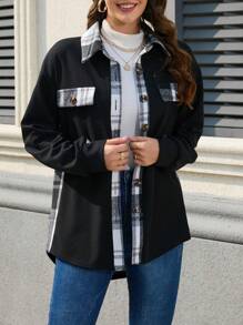 SHEIN LUNE Phù hợp thường Kẻ sọc Vá lại Dệt kim Waff Lưới Áo khoác - Đen và trắng - Xem 6