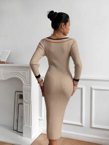 SHEIN Essnce 撞色條紋設計,長袖,修身,針織毛衣連身裙 - 駝色 - 查看 2