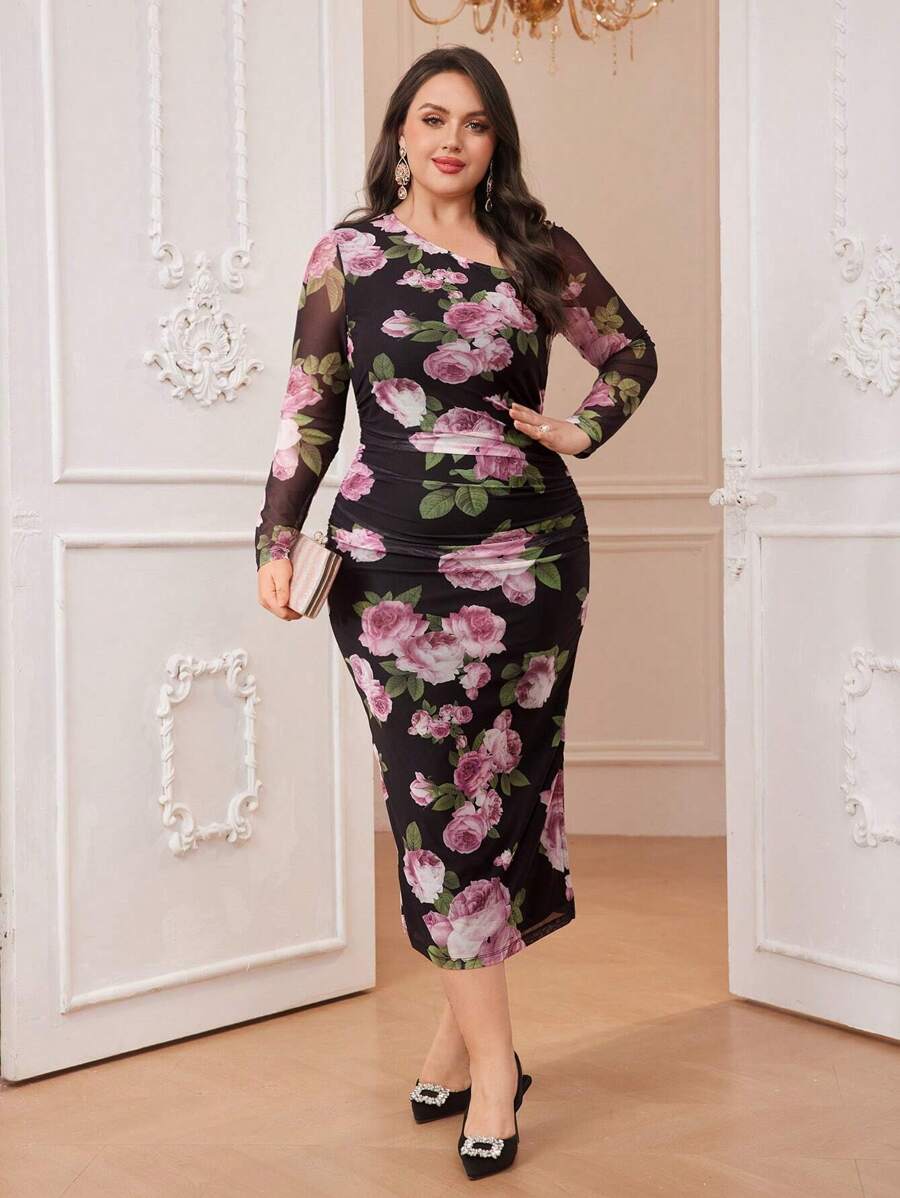 Modelyn Kích thước lớn Bất đối xứng Vòng cổ Hoa Váy lưới che phủ - Nhiều màu - Xem 1