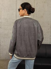 SHEIN EZwear 字母刺繡釦扣棒球夾克 - 灰色 - 查看 2