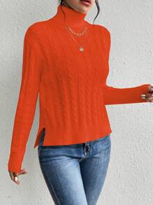 SHEIN Privé 女款純色高領下垂肩毛衣 - 橘色 - 查看 5