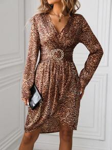 SHEIN Clasi Leopard Print Wrapped Collar Dress - Brown - View 4