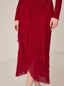 Modelyn Round Neck Long Sleeve Ruffle Detail Dress - Red - View 6