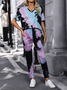 SHEIN LUNE Tie-Dye V-Neck T-Shirt And Pants Set