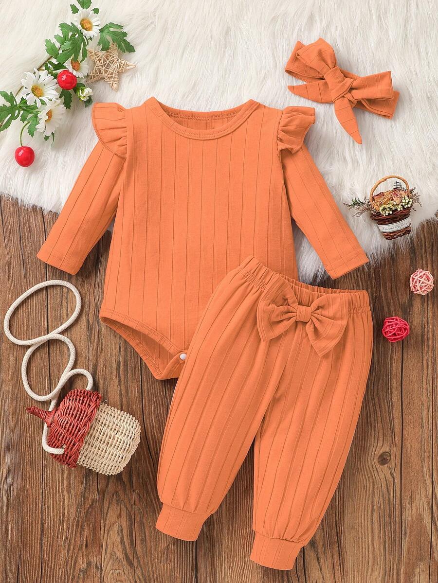 嬰兒女寶寶純色荷葉邊裝飾蝴蝶結服裝套裝 - 橘色 - 查看 1