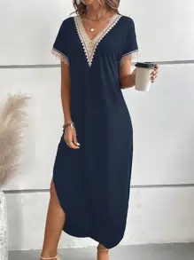 EMERY ROSE 女士拼接蕾絲短袖連衣裙 - 藏蓝色 - 查看 3