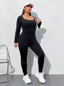 SHEIN EZwear 大尺寸女性純色修身連身褲 - 黑色 - 查看 6