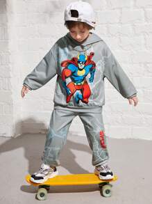 SHEIN Boys' Cute And Comfortable Cartoon Characters Printed Hoodie With Pants Set