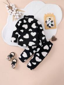 SHEIN Conjunto De 2 Piezas De Ropa De Casa Con Estampado De Corazones Para Bebé Niña - Negro - Ver 2