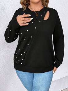SHEIN LUNE 大碼女士仿珍珠裝飾剪裁衛衣 - 黑色 - 查看 3