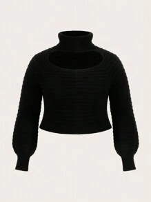 SHEIN ICON 女式大尺碼純色鉸空毛衣套頭 - 黑色 - 查看 1