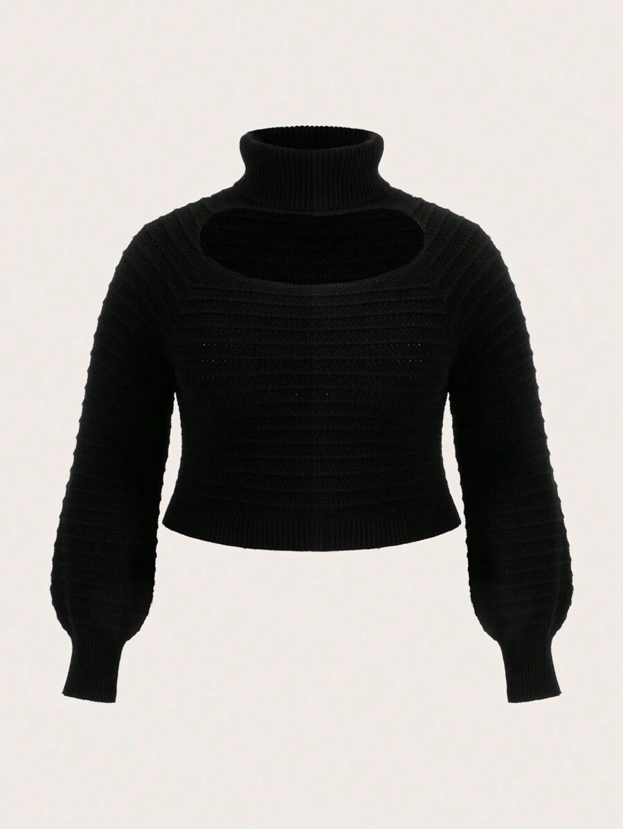 SHEIN ICON 女式大尺碼純色鉸空毛衣套頭 - 黑色 - 查看 1