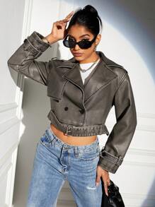 GENKIRA Pu皮革長袖女夾克 - 灰色 - 查看 5