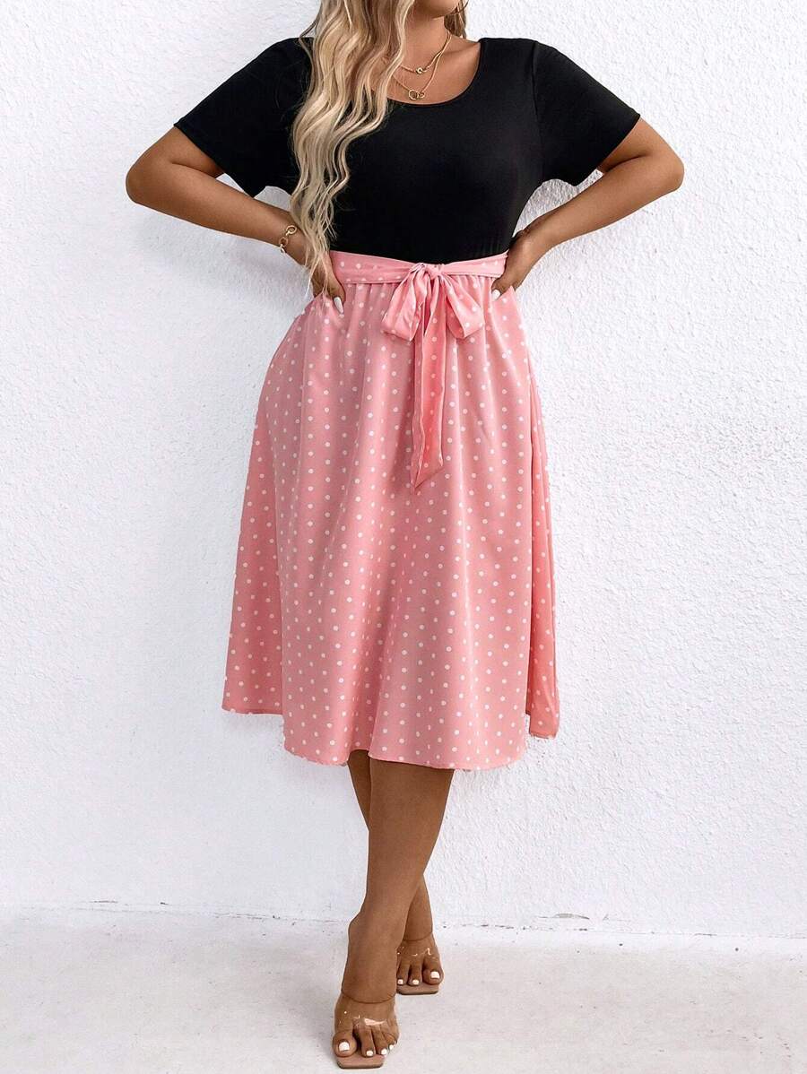 SHEIN Clasi 大码夏季撞色圆点图案连衣裙 - 粉色 - 查看 1