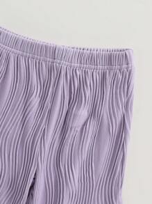 SHEIN 年輕女孩紫色波浪紋短袖上衣和長褲休閒套裝 2件套 - 紫色 - 查看 4