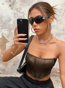 SHEIN ICON Asymmetrical Hem Strapless Top - Brown - View 3