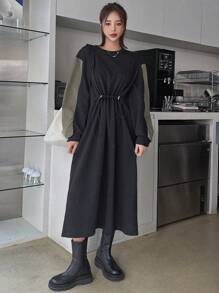 DAZY Của phụ nữ Khối màu Eo dây rút Đầm - màu đen - Xem 3