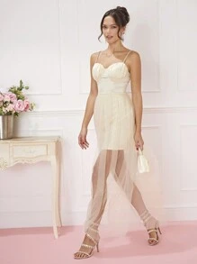Enchnt Vestido de tirantes pecho con fruncido con malla - Albaricoque - Ver 4