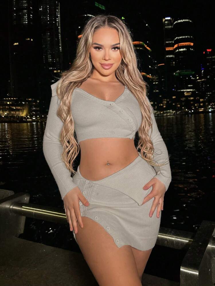 Ladies' Multiple Buttons Asymmetrical Collar Top And Skirt Set Fall Cloth For Women