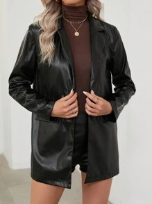 SHEIN ChicEase 女士百搭領口 Pu 夾克 - 黑色 - 查看 3