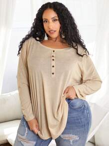 SHEIN CURVE+ 大尺碼女士圓領長袖t恤 - 杏色 - 查看 4