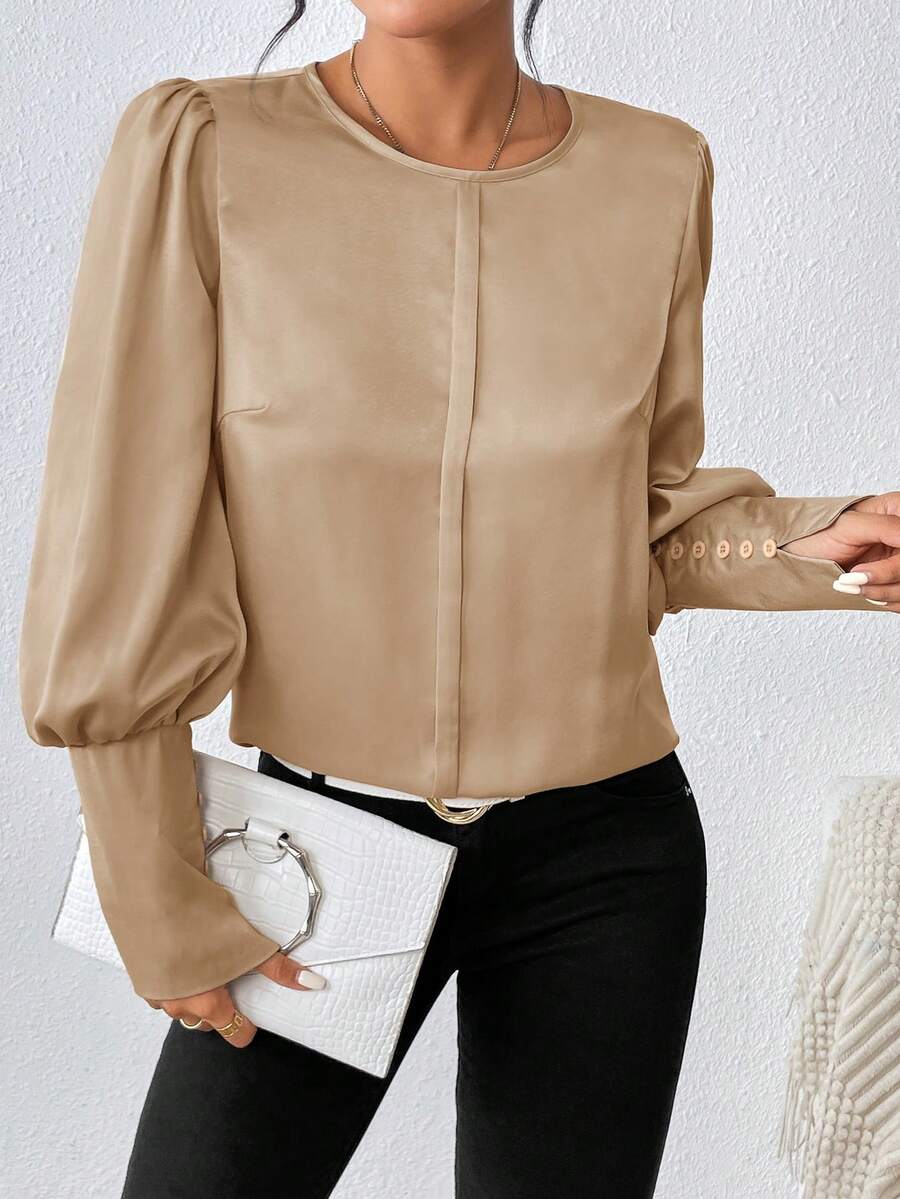 SHEIN Clasi Chất rắn Tay áo Đèn lồng Xa ten Áo sơ mi - Rượu sâm banh - Xem 1