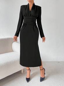 SHEIN Privé 女式宽肩带V领侧开衩连衣裙 - 黑色 - 查看 3