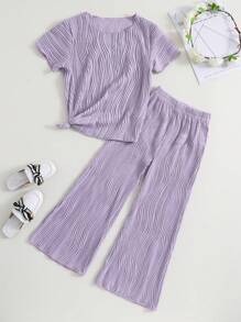 SHEIN 年輕女孩紫色波浪紋短袖上衣和長褲休閒套裝 2件套 - 紫色 - 查看 1
