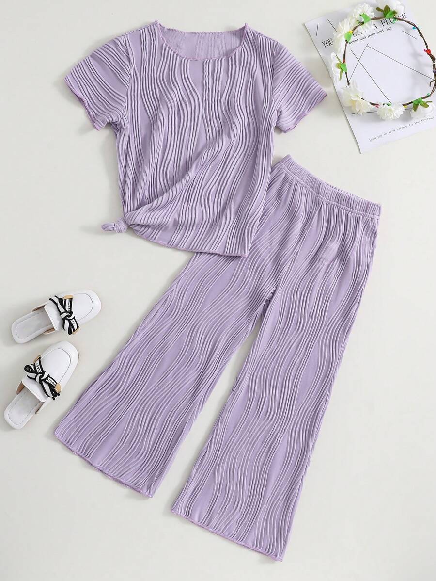 SHEIN 年輕女孩紫色波浪紋短袖上衣和長褲休閒套裝 2件套 - 紫色 - 查看 1