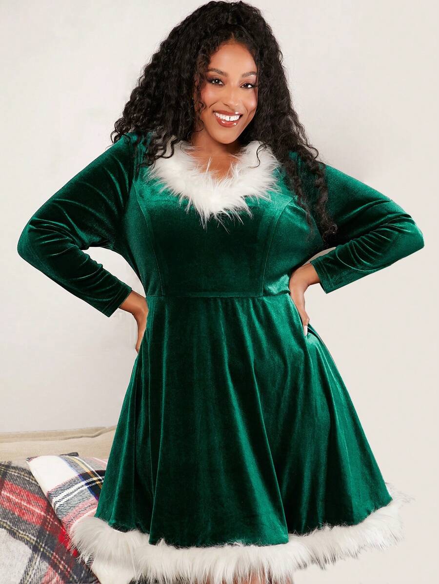 SHEIN CURVE+ Giáng sinh Hơn Trang trí Fuzzy Nhung Đầm - màu xanh lá - Xem 1