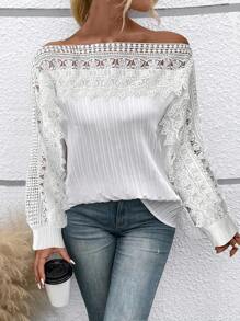 Breezaya 水溶蕾絲拼接燈籠袖襯衫 - 白色 - 查看 3