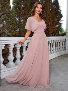 Butterfly Sleeve Chiffon Bridesmaid Dress - Dusty Pink - View 7