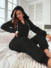 Hooded Jumpsuit With Pom Pom Decorated Drawstring, Home Wear - Black - View 1