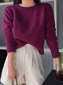 DAZY Solid Color Round Neck Long Sleeve Sweater - Purple - View 1